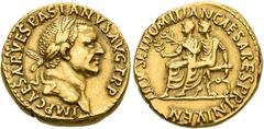 RÖMISCHE MÜNZEN, RÖMISCHES KAISERREICH VESPASIANUS, TITUS UND DOMITIANUS. 69-, Lugdunum.Aureus. IMP CAESAR VESPASIANVS AVG TR P Belorbeerter Kopf r. Rs: TITVS ET DOMITIAN CAESARES PRIN IVEN Titus und 