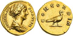 RÖMISCHE MÜNZEN, RÖMISCHES KAISERREICH FAUSTINA MINOR. GEMAHLIN D. M. AURELIUS 161-, Aureus. FAVSTINA AVG PII AVG FIL Drapierte Büste r. Rs: CONCORDIA Taube steht r. C. 61. R.I.C. A.P. 503a. Calico 20