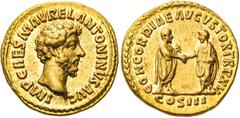 RÖMISCHE MÜNZEN, RÖMISCHES KAISERREICH MARCUS AURELIUS. 161-180, Aureus. 161. IMP CAES M AVREL ANTONINVS AVG Bloßer Kopf r. Rs: CONCORDIAE AVGUSTOR TR P XV M. Aurelius und L. Verus stehen sich gegenüb
