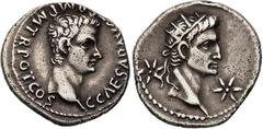 RÖMISCHE MÜNZEN, RÖMISCHES KAISERREICH CALIGULA UND AUGUSTUS. 37-, Lugdunum.Denar. C CAESAR AVG GERM P M TR POT COS Bloßer Kopf des Caligula r. Rs: Kopf des Divus Augustus mit Strahlenkrone r. zwische