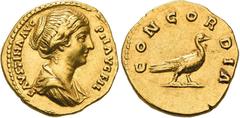 RÖMISCHE MÜNZEN, RÖMISCHES KAISERREICH FAUSTINA MINOR. GEMAHLIN D. M. AURELIUS 161-, Aureus. FAVSTINA AVG PII AVG FIL Drapierte Büste r. Rs: CONCORDIA Taube steht r. C. 61. R.I.C. A.P. 503a. Calico 20