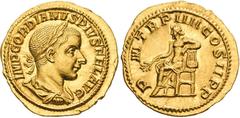 RÖMISCHE MÜNZEN, RÖMISCHES KAISERREICH GORDIANUS III. 238-244, Aureus. IMP GORDIANVS PIVS FEL AVG Belorbeerte, drapierte und gepanzerte Büste r. Rs: P M TR P IIII COS II P P Apollo thront l. mit Lorbe