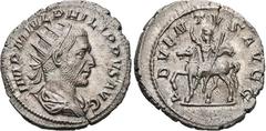 RÖMISCHE MÜNZEN, RÖMISCHES KAISERREICH PHILIPPUS I. ARABS. 244-249, Antoninian. Drapierte und gepanzerte Büste mit Strahlenkrone r. Rs: Philippus I. reitet l., die Rechte zum Grußgestus erhoben, in de