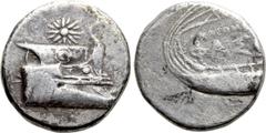 Greek Coins LYCIA. Phaselis. Stater (Circa 250-200 BC). Uncertain magistrate. Obv: Prow of galley right; sixteen-rayed star above. Rev: ΦΑΣ. Stern of galley left. Cf. SNG von Aulock 4407. Condition: V