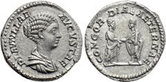 Roman Imperial Coins PLAUTILLA (Augusta, 202-205). Denarius. Rome. Obv: PLAVTILLAE AVGVSTAE. Draped bust right. Rev: CONCORDIAE AETERNAE. Caracalla and Plautilla standing facing one another, clasping 