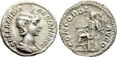 Roman Imperial Coins ORBIANA (Augusta, 225-227). Denarius. Rome. Obv: SALL BARBIA ORBIANA AVG. Draped bust right, wearing stephane. Rev: CONCORDIA AVGG. Concordia seated left on throne, holding patera