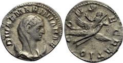 Roman Imperial Coins DIVA MARINIANA (Died before 253). Antoninianus. Rome. Obv: DIVAE MARINIANAE. Veiled and draped bust right, set upon crescent. Rev: CONSECRATIO. Mariniana, raising hand and holding