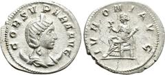Roman Imperial Coins CORNELIA SUPERA (Augusta, 253). Antoninianus. Rome. Obv: COR SVPERA AVG. Draped bust right, wearing stephane and set on crescent. Rev: IVNONI AVG. Juno seated left on throne, hold