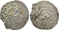 Byzantine Coins EMPIRE OF TREBIZOND. Theodora (Circa 1285). Asper . Obv: St. Eugenius standing facing, holding long cross. Rev: Theodora standing facing, holding globus cruciger; manus Dei to upper le