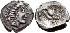Celtic Coins WESTERN EUROPE. Gaul. Insubres. Drachm (1st century BC). Imitating Massalia. Obv: Female head right; wearing earring. Rev: Stylized lion right. LT 2126. Condition: Very fine. Weight: 2.84