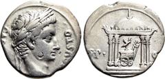 Roman Imperial Coins AUGUSTUS (27 BC-14 AD). Denarius. Uncertain Spanish mint, possibly Colonia Patricia. Obv: AVGVSTO CAESARI. Laureate head right. Rev: S P - Q R. Temple of Mars Ultor: round-domed, 