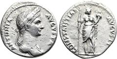 Roman Imperial Coins ANTONIA MINOR (37-41). Denarius. Rome. Obv: ANTONIA AVGVSTA. Draped bust right, wearing barley wreath. Rev: CONSTANTIAE AVGVSTI. Antonia as Constantia standing facing, holding lon