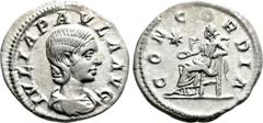 Roman Imperial Coins JULIA PAULA (Augusta, 219-220). Denarius. Rome. Obv: IVLIA PAVLA AVG. Draped bust right. Rev: CONCORDIA. Concordia seated left on throne, holding patera; star to left. RIC 211 (El