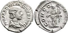Roman Imperial Coins AQUILIA SEVERA (Augusta, 220-221 & 221-222). Denarius. Rome. Obv: IVLIA AQVILIA SEVERA AVG. Draped bust right. Rev: CONCORDIA. Concordia standing left, holding double cornucopia a