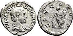 Roman Imperial Coins AQUILIA SEVERA (Augusta, 220-221 & 221-222). Denarius. Rome. Obv: IVLIA AQVILIA SEVERA AVG. Draped bust right. Rev: CONCORDIA. Concordia standing left, holding double cornucopia a