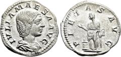 Roman Imperial Coins JULIA MAESA (Augusta, 218-224/5). Denarius. Rome. Obv: IVLIA MAESA AVG. Draped bust right. Rev: PIETAS AVG. Pietas standing left, holding box and dropping incense onto lighted alt