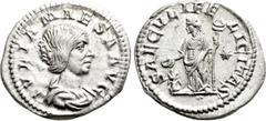 Roman Imperial Coins JULIA MAESA (Augusta, 218-224/5). Denarius. Rome. Obv: IVLIA MAESA AVG. Draped bust right. Rev: SAECVLI FELICITAS. Felicitas standing left, holding caduceus and patera over lighte