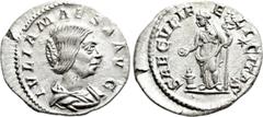 Roman Imperial Coins JULIA MAESA (Augusta, 218-224/5). Denarius. Rome. Obv: IVLIA MAESA AVG. Draped bust right. Rev: SAECVLI FELICITAS. Felicitas standing left, holding caduceus and patera over lighte