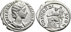 Roman Imperial Coins ORBIANA (Augusta, 225-227). Denarius. Rome. Obv: SALL BARBIA ORBIANA AVG. Draped bust right, wearing stephane. Rev: CONCORDIA AVGG. Concordia seated left on throne, holding patera