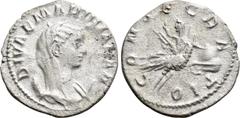 Roman Imperial Coins DIVA MARINIANA (Died before 253). Antoninianus. Rome. Obv: DIVAE MARINIANAE. Veiled and draped bust right, set upon crescent. Rev: CONSECRATIO. Mariniana, raising hand and holding