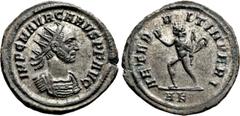 Roman Imperial Coins CARUS (282-283). Antoninianus. Rome. Obv: IMP C M AVR CARVS P F AVG. Radiate and cuirassed bust right. Rev: AETERNIT IMPERI / AKA. Sol advancing left, raising hand and holding whi