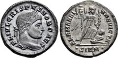 Roman Imperial Coins CRISPUS (Caesar, 316-326). Follis. Sirmium. Obv: FL IVL CRISPVS NOB CAES. Laureate head right. Rev: ALAMANNIA DEVICTA / • SIRM •. Victory advancing right, holding trophy and palm 