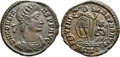 Roman Imperial Coins CONSTANS (337-350). Follis. Siscia. Obv: D N CONSTANS P F AVG. Diademed, draped and cuirassed bust right. Rev: FEL TEMP REPARATIO / A SIS (symbol). Constans standing left in galle