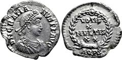 Roman Imperial Coins GRATIAN (367-383). Siliqua. Aquileia. Obv: D N GRATIANVS P F AVG. Diademed, draped and cuirassed bust right. Rev: VOTIS / X / MVLTIS / XX / AQPS•. Legend in four lines within wrea