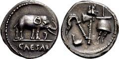Roman Republican Coins JULIUS CAESAR. Denarius (49 BC). Military mint traveling with Caesar. Obv: CAESAR. Elephant advancing right, trampling upon horned serpent. Rev: Emblems of the pontificate: simp