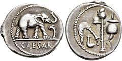 Roman Republican Coins JULIUS CAESAR. Denarius (49 BC). Military mint traveling with Caesar. Obv: CAESAR. Elephant advancing right, trampling upon horned serpent. Rev: Emblems of the pontificate: simp