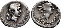 Roman Republican Coins MARK ANTONY. Denarius (42 BC). Military mint traveling with Antony in Italy. Obv: Bare head of Antony right; lituus to left. Rev: M ANTONIVS III VIR R P C. Radiate head of Sol r