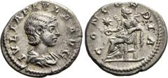 Roman Imperial Coins JULIA PAULA (Augusta, 219-220). Denarius. Rome. Obv: IVLIA PAVLA AVG. Draped bust right. Rev: CONCORDIA. Concordia seated left on throne, holding patera; star to left. RIC 211 (El