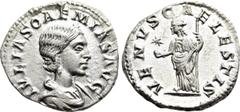 Roman Imperial Coins JULIA SOEMIAS (Augusta, 218-222). Denarius. Rome. Obv: IVLIA SOAEMIAS AVG. Draped bust right. Rev: VENVS CAELESTIS. Venus standing facing, head left, holding apple and sceptre; st