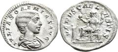 Roman Imperial Coins JULIA SOEMIAS (Augusta, 218-222). Denarius. Rome. Obv: IVLIA SOAEMIAS AVG. Draped bust right. Rev: VENVS CAELESTIS. Venus seated left, holding apple and sceptre; at left, child re