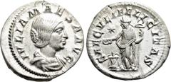 Roman Imperial Coins JULIA MAESA (Augusta, 218-224/5). Denarius. Rome. Obv: IVLIA MAESA AVG. Draped bust right. Rev: SAECVLI FELICITAS. Felicitas standing left, holding caduceus and patera over lighte