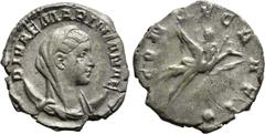 Roman Imperial Coins DIVA MARINIANA (Died before 253). Antoninianus. Rome. Obv: DIVAE MARINIANAE. Veiled and draped bust right, set upon crescent. Rev: CONSECRATIO. Mariniana, raising hand and holding