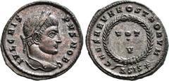 Roman Imperial Coins CRISPUS (Caesar, 316-326). Follis. Siscia. Obv: IVL CRISPVS NOB C. Laureate head right. Rev: CAESARVM NOSTRORVM / Δ SIS (star). VOT / V in two lines within wreath. RIC 161. Condit