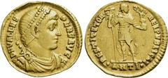 Roman Imperial Coins VALENS (364-378). GOLD Solidus. Antioch. Obv: D N VALENS PER F AVG. Diademed, draped and cuirassed bust right. Rev: RESTITVTOR REIPVBLICAE / •ANTI•. Emperor standing facing, head 
