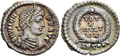 Roman Imperial Coins VALENS (364-378). Siliqua. Antioch. Obv: D N VALENS P F AVG. Diademed, draped and cuirassed bust right. Rev: VOT / X / MVLT / XX / ANT • •. Legend in four lines within wreath. RIC