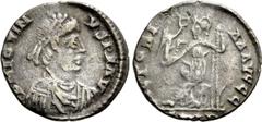 Roman Imperial Coins JOVINUS (Usurper, AD 411-413). Siliqua. Lugdunum. Obv: D N IOVINVS P F AVG. Diademed, draped and cuirassed bust right. Rev: VICTORIA AAVGGG / SMLD. Roma seated left, holding crown