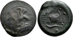 Greek Coins SICILY. Akragas. Ae Hemilitron (Circa 425-406 BC). Obv: AKPA. Eagle standing right on dead hare, wings spread. Rev: Crab; below, crawfish over shell; six pellets (mark of value) above. Wes