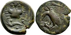Greek Coins SICILY. Akragas. Ae Hemilitron (Circa 415-406 BC). Obv: AKPA. Eagle, wings spread, standing left on, and tearing at, dead hare; K below neck. Rev: Crab; leaf between claws, pellets in fiel