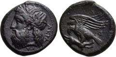 Greek Coins SICILY. Akragas. Ae (Circa 338-287 BC). Obv: ΑΚΡΑΓΑ. Laureate head of Zeus left. Rev: Eagle standing left, devouring hare; Δ below wings. CNS 116 R1 2; HGC 2, 164. Condition: Good vey fine