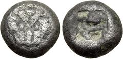 Greek Coins CIMMERIAN BOSPOROS. Pantikapaion. Triobol ? (Circa 480-438/7 BC). Obv: Facing head of panther or lion. Rev: Quadripartite incuse square. Cf. MacDonald 1/4; HGC 7, 31 (half siglos or triobo
