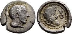 Greek Coins DYNASTS OF LYCIA. Kherẽi ? (Circa 430-410 BC). Obol. Obv: Helmeted head of Athena right. Rev: Head of Kherẽi right, wearing kyrbasia; all within pelleted circle within incuse circle. Müsel