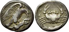 Greek Coins SICILY. Akragas. Hemidrachm (Circa 420-410 BC). Obv: Eagle standing right, clutching hare in its talons. Rev: AKRA. Crab; below, fish right. Westermark 573; HGC 2, 105. Condition: Very fin