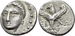 Greek Coins PAPHLAGONIA. Sinope. Trihemiobol (Circa 330-250 BC). Obv: Head of Sinope facing slightly left. Rev: ΣΙ - ΝΩ. Eagle facing, head left, with wings spread. SNG BM Black Sea 1498-1502; HGC 7, 