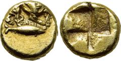 Greek Coins MYSIA. Kyzikos. EL 1/24 Stater (Circa 500-450 centuries BC). Obv: Lion standing right, devouring leg of prey; below, tunny right. Rev: Quadripartite incuse square. Von Fritze -, cf. 177 (s