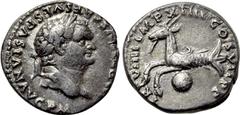 Roman Imperial Coins TITUS (79-81). Denarius. Rome. Obv: IMP TITVS CAES VESPASIAN AVG P M. Laureate head right. Rev: TR P VIIII IMP XIIII COS VII P P. Capricorn left; globus below. RIC² 19. Condition:
