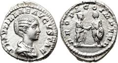 Roman Imperial Coins PLAUTILLA (Augusta, 202-205). Denarius. Rome. Obv: PLAVTILLAE AVGVSTAE. Draped bust right. Rev: PROPAGO IMPERI. Plautilla standing right, clasping hands with Caracalla standing le